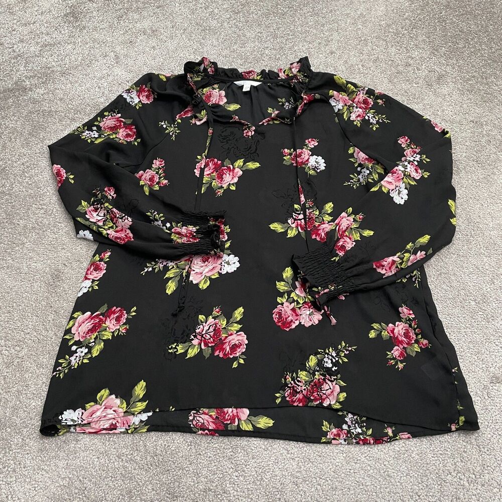Time And Tru Sheer Tunic Blouse Womens Large Multi Floral Long Sleeve Casual Top